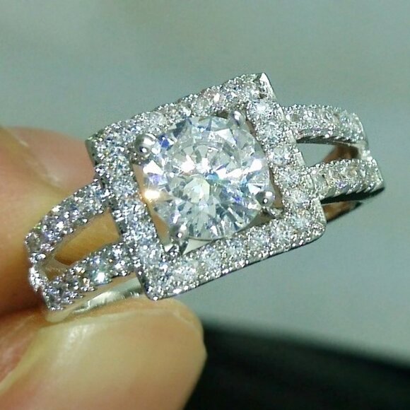 ❤️925 STERLING SILVER Jewelry - 😍Anillos Double Layer Clear Round Zircon Macro Pave Square Dainty Ring, L275